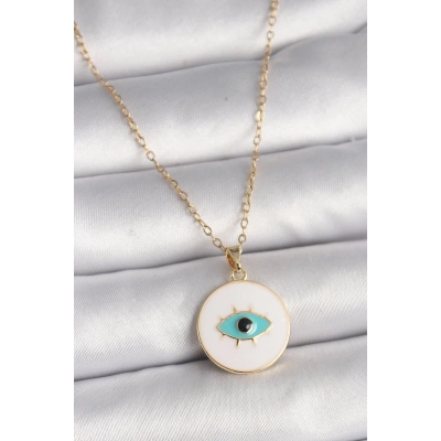 316L Çelik Gold Renk Zincir Beyaz Mineli Turkuaz Göz İşleme Model Kadın Kolye