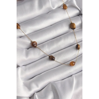 316L Çelik Gold Renk Zincir Kahvrengi Doğaltaş Model Kadın Kolye