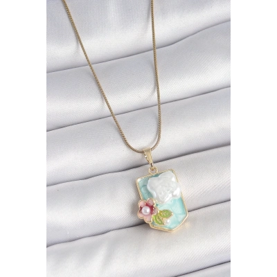 316L Çelik Gold Renk Zincir Mavi Mineli İncili Çiçek İşlemeli Portre Model Kadın Kolye