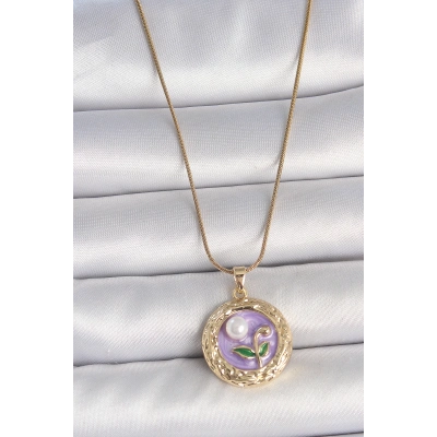 316L Çelik Gold Renk Zincir Mor Çiçek İşlemeli İnci Detay Potre Model Kadın Kolye