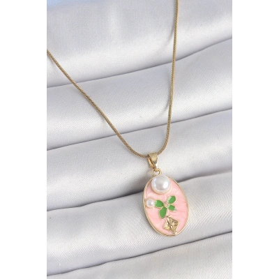 316L Çelik Gold Renk Zincir Pembe Mineli Oval İncili Çiçek İşlemeli Portre Model Kadın Kolye