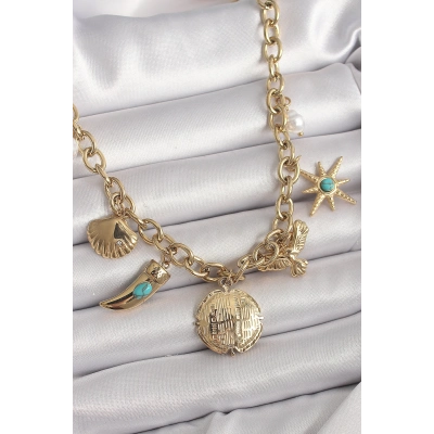 316L Çelik Gold Renk Zincir Sallantılı Çoklu Figür Model Kadın Kolye