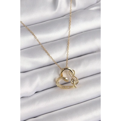 316L Çelik Gold Renk Zincir Zirkon Taş Detaylı Kalp Model Sonsuzluk Detay Kadın Kolye