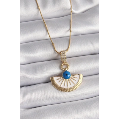 316L Çelik Gold Renk Zincir Zirkon Taş Detaylı Nazar Boncuk Göz Model Kadın Kolye