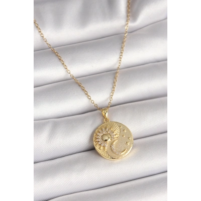 316L Çelik Gold Renk Zincir Zirkon Taşlı Ay Güneş İşlemeli Madalyon Model Kadın Kolye