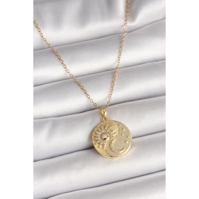 316L Çelik Gold Renk Zincir Zirkon Taşlı Ay Güneş İşlemeli Madalyon Model Kadın Kolye