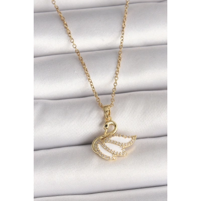 316L Çelik Gold Renk Zincir Zirkon Taşlı Kuğu Model Kadın Kolye