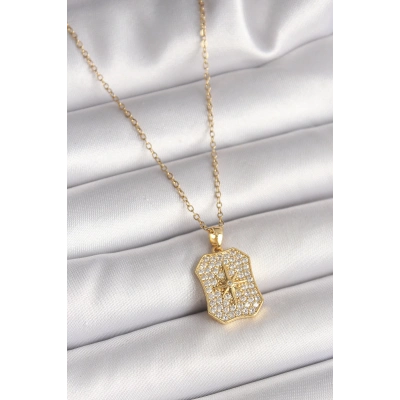 316L Çelik Gold Renk Zincir Zirkon Taşlı Kutup Yıldız İşlemeli Madalyon Model Kadın Kolye