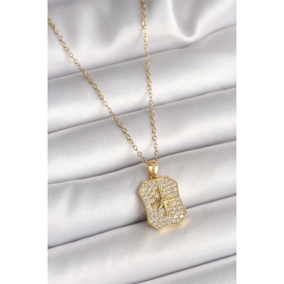 316L Çelik Gold Renk Zincir Zirkon Taşlı Kutup Yıldız İşlemeli Madalyon Model Kadın Kolye