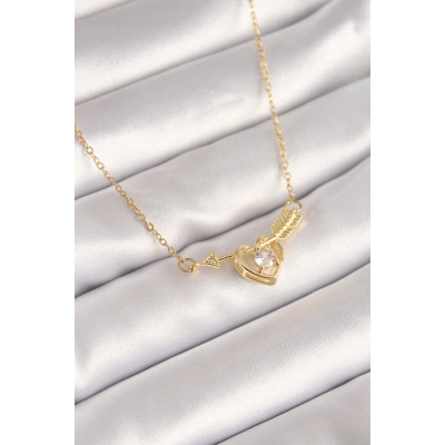 316L Çelik Gold Renk Zincir Zirkon Taşlı Ok Kalp Model Kadın Kolye