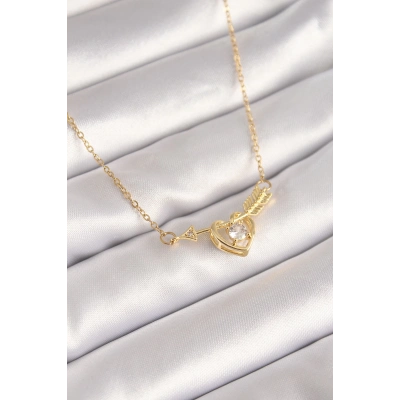 316L Çelik Gold Renk Zincir Zirkon Taşlı Ok Kalp Model Kadın Kolye