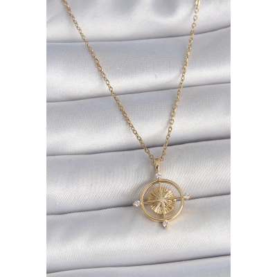 316L Çelik Gold Renk Zincir Zirkon Taşlı Pusula Model Kadın Kolye