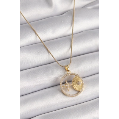 316L Çelik Gold Renk Zincir Zirkon Taşlı Yıldız İşleme Madalyon Model Kadın Kolye