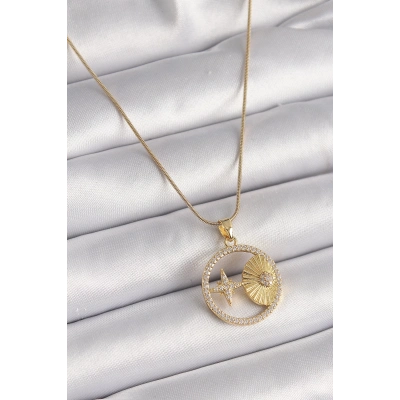 316L Çelik Gold Renk Zincir Zirkon Taşlı Yıldız İşleme Madalyon Model Kadın Kolye