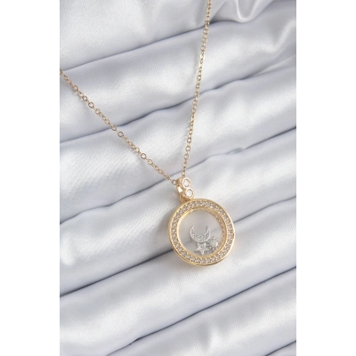 316L Çelik Gold Renk Zirkon Taş Detay Ay Yıldız Fanus Model Kadın Kolye