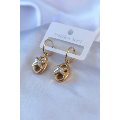 316L Çelik Gold Renk Zirkon Taş Detay Kadın Küpe