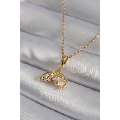 316L Çelik Gold Renk Zirkon Taşlı Balık Kuyruğu Model Kadın Kolye