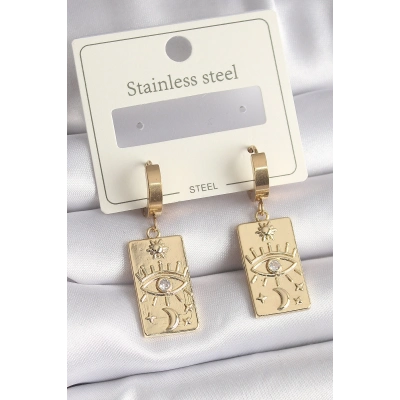 316L Çelik Gold Renk Zirkon Taşlı Göz İşleme Detay Plaka Model Kadın Küpe