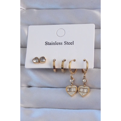 316L Çelik Gold Renk Zirkon Taşlı Kalp Model Halka Küpe Seti
