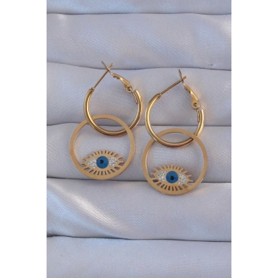 316L Çelik Gold Renk Zirkon Taşlı Mavi Göz Tasarımlı Halka Küpe