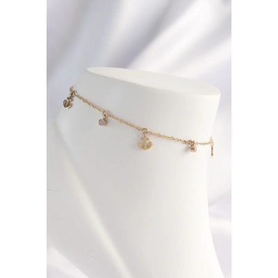 316L Çelik Gold Renk Zirkon Taşlı Minimal Çapa Tasarımlı Halhal