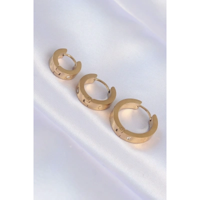 316L Çelik Gold Renk Zirkon Taşlı Model 3lü Halka Küpe