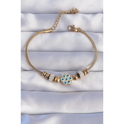 316L Çelik Gold Renk Zirkon Taşlı Nazarlı Çiçek Tasarımlı Bileklik