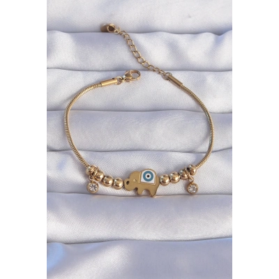 316L Çelik Gold Renk Zirkon Taşlı Nazarlı Fil Tasarımlı Bileklik