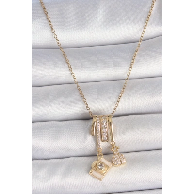 316L Çelik Gold Renk Zirkon Taşlı Sallantı Fotoğraf Makinası Figür Charm Kadın Kolye