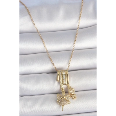 316L Çelik Gold Renk Zirkon Taşlı Sallantı Melek Figür Charm Kadın Kolye