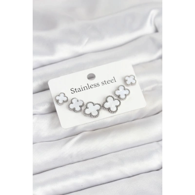 316L Çelik Gümüş Beyaz Renk 3 Boy Yonca Küpe Seti