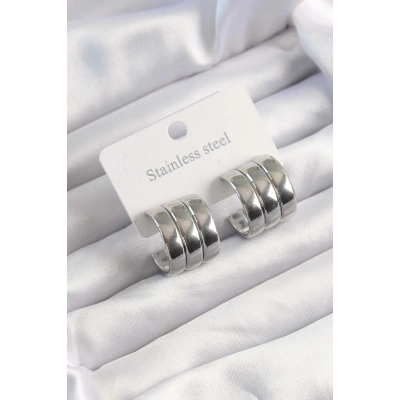 316L Çelik Gümüş Renk 3lü Görünüm Bombe Model Yarım Halka Küpe
