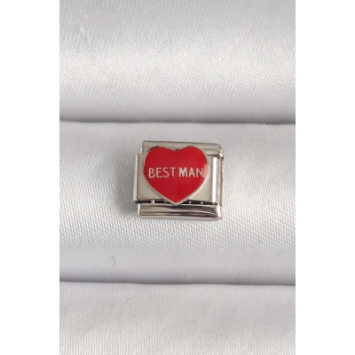 316L Çelik Gümüş Renk Best Man Yazılı Kırmızı Kalp İşlemeli Nomination Charm