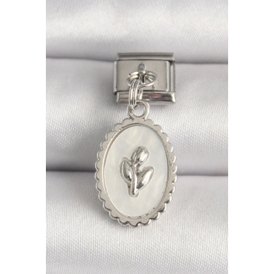 316L Çelik Gümüş Renk Beyaz Mineli Çiçek İşlemeli Nomination Charm