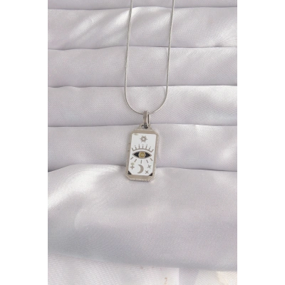 316L Çelik Gümüş Renk Beyaz Mineli Göz Figür Tarot Kolye