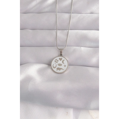 316L Çelik Gümüş Renk Beyaz Mineli Karışık Figürlü Tarot Kolye