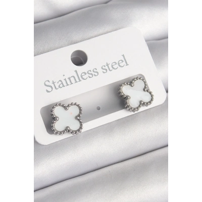 316L Çelik Gümüş Renk Beyaz Yonca Model Kadın Küpe