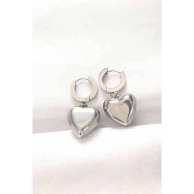 316L Çelik Gümüş Renk Bombeli Kalp Tasarımlı Küpe