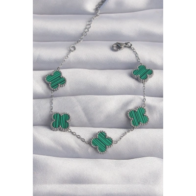 316L Çelik Gümüş Renk Çizgili Yeşil Mineli Yonca Bileklik