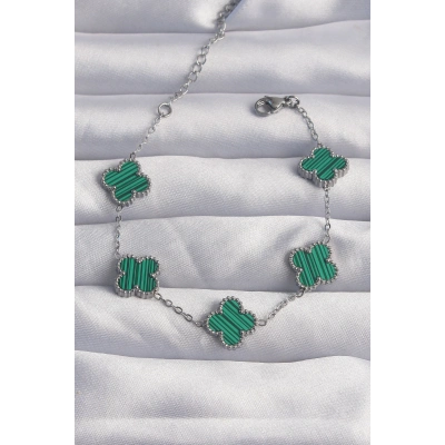 316L Çelik Gümüş Renk Çizgili Yeşil Mineli Yonca Bileklik