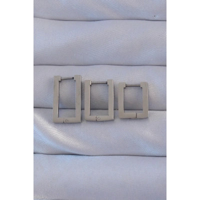 316L Çelik Gümüş Renk Dikdörtgen Küpe Seti