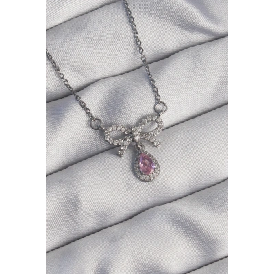 316L Çelik Gümüş Renk Fiyonk Detay Pembe Zirkon Taşlı Damla Kolye