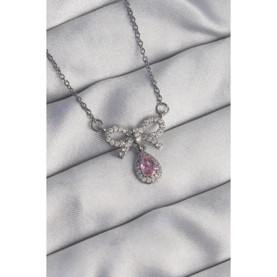 316L Çelik Gümüş Renk Fiyonk Detay Pembe Zirkon Taşlı Damla Kolye