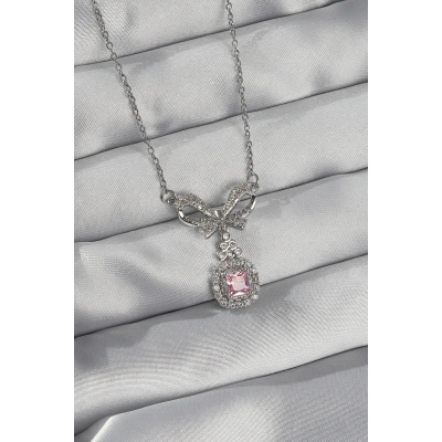 316L Çelik Gümüş Renk Fiyonk Detay Pembe Zirkon Taşlı Tektaş Kolye