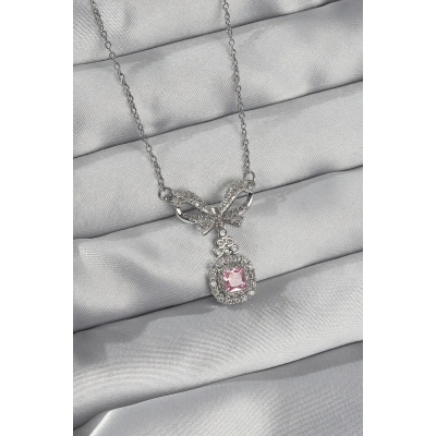316L Çelik Gümüş Renk Fiyonk Detay Pembe Zirkon Taşlı Tektaş Kolye