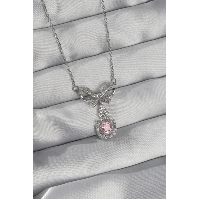 316L Çelik Gümüş Renk Fiyonk Detay Pembe Zirkon Taşlı Tektaş Kolye