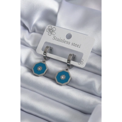 316L Çelik Gümüş Renk Geometrik Model Zirkon Taş Detay Kadın Küpe