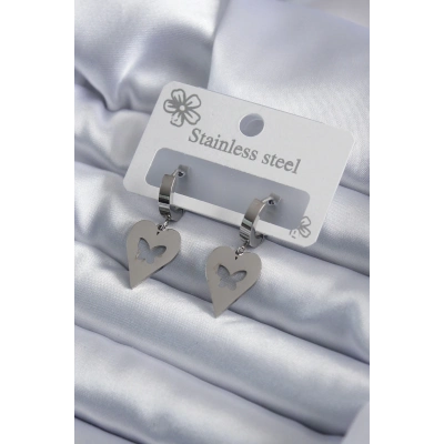 316L Çelik Gümüş Renk Kalp Model Kelebek İşleme Kadın Küpe