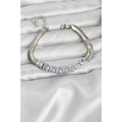 316L Çelik Gümüş Renk Kare Zirkon Taşlı Yılan Zincirli Kadın Bileklik