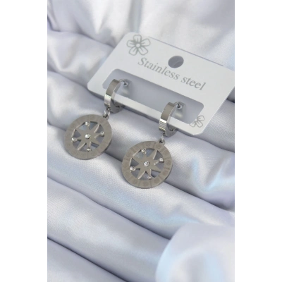 316L Çelik Gümüş Renk Kutup Yıldızı Model Zirkon Taş İşleme Detay Kadın Küpe